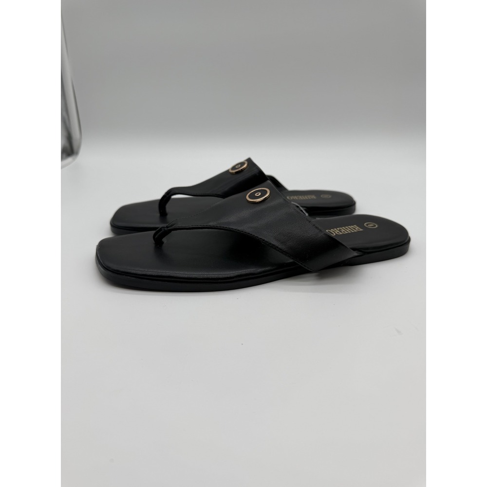 Rihero Womens Black Faux Leather Thong Sandals Square Toe Gold Detail Size 8 NEW